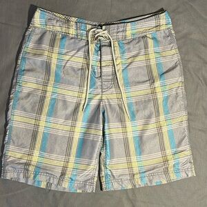 Gap | Men’s Swim Trunks | Gray Blue Yellow Plaid | Size Medium
